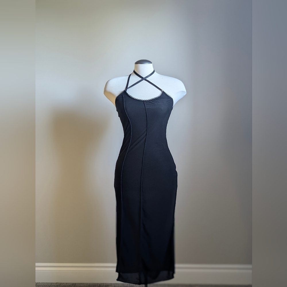 Y2K Black Halter Neck Midi Dress Strap 2000s Bodycon Party Cocktail Raw Edge - Picture 2 of 15